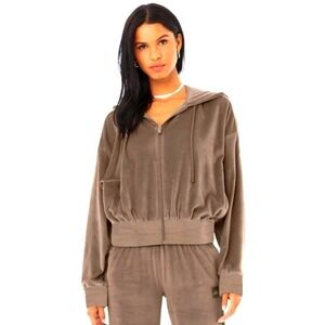 Alo Yoga Velour Glimmer Full Zip Hoodie in Hot Cocoa Brown Size Small (Est.)